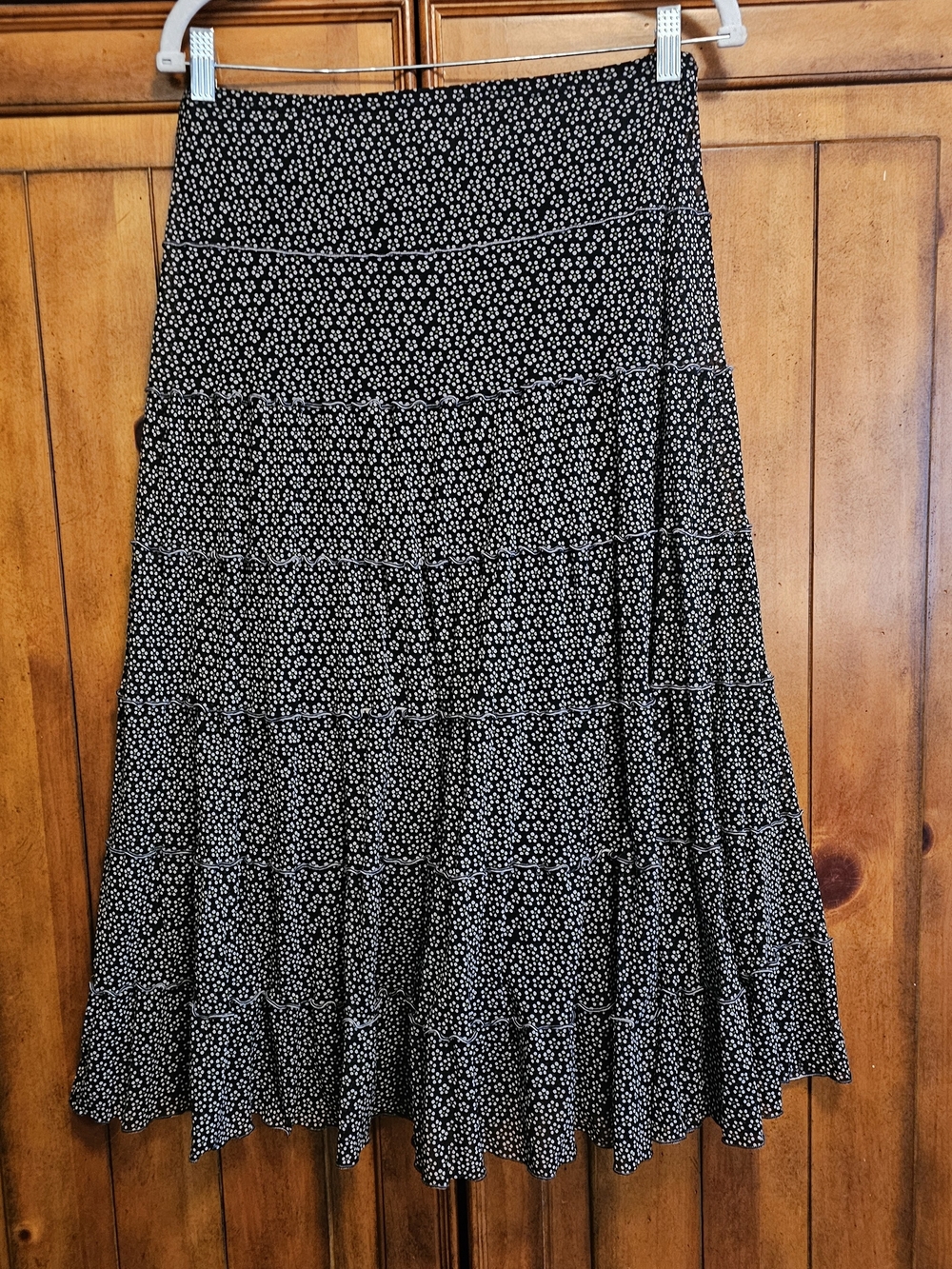 Black Floral Tiered Midi Skirt Daisy's Elastic Waist Pull On Boho Gauze